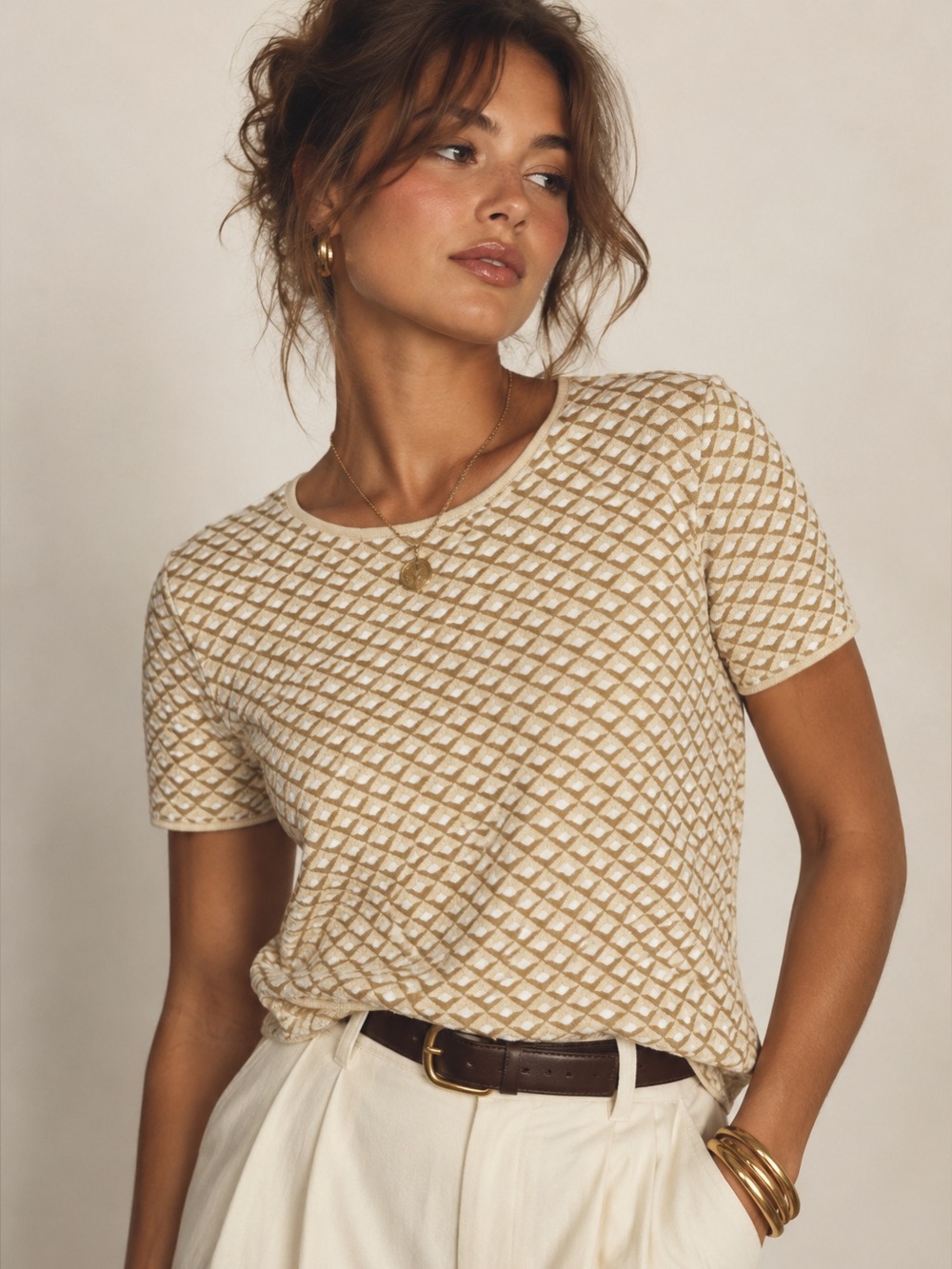 Theory Ferson Glossed Textured Jacquard Knit Top M Beige Cream Quiet Luxury